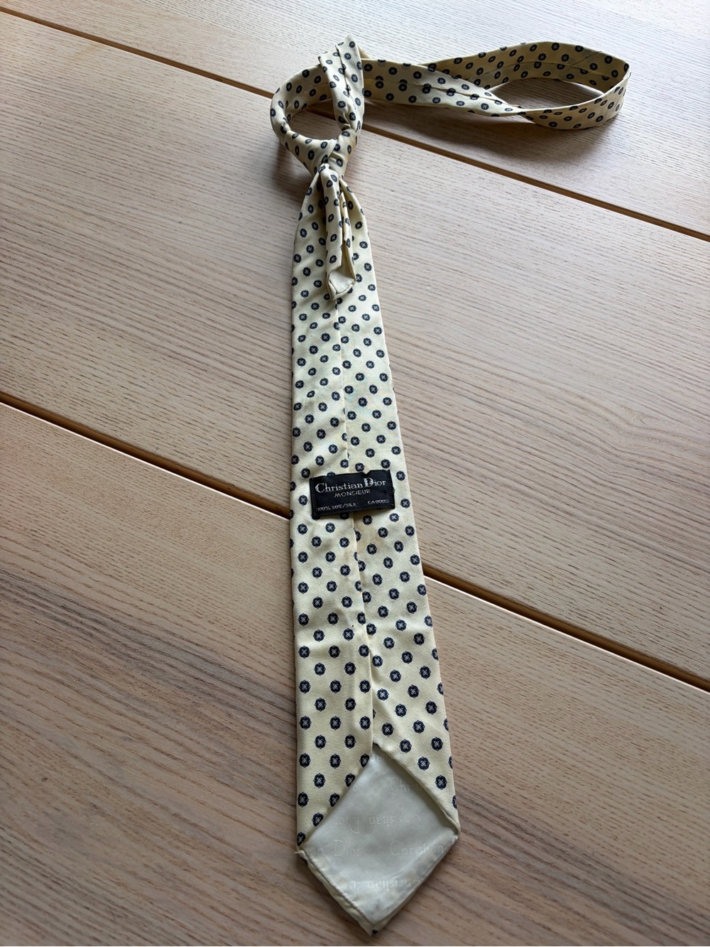 Dior Cream Silk Tie with Navy Polka Dots
